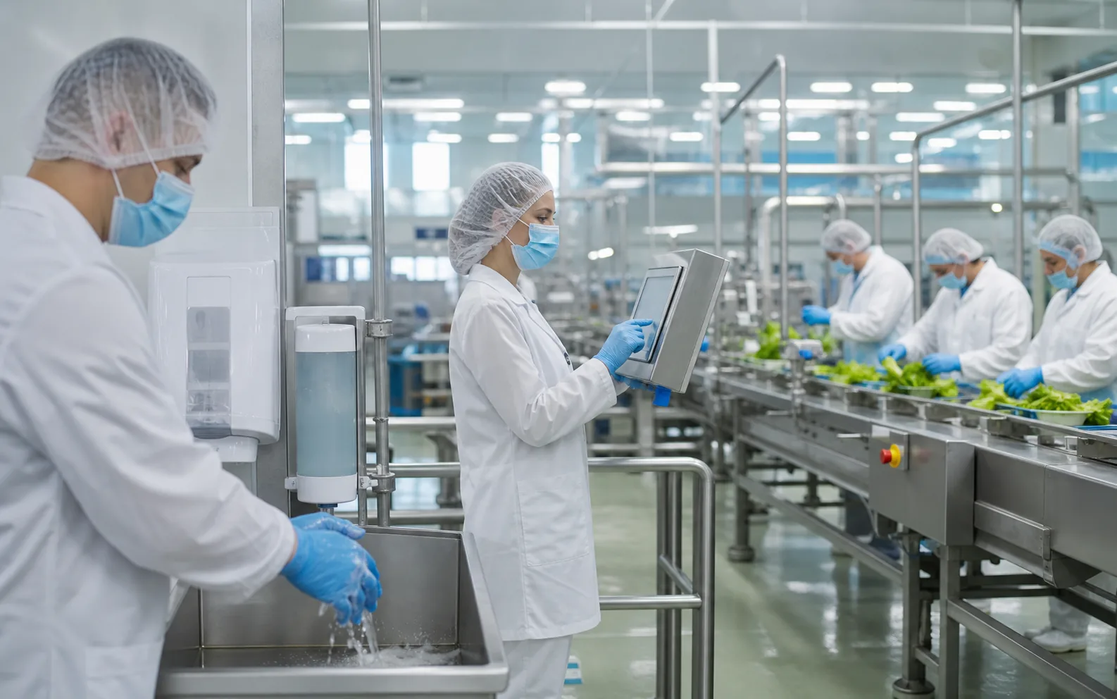 Food processing hygiene control in a sanitary production facility